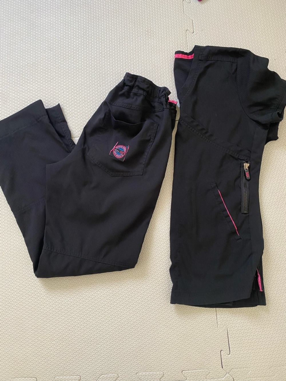 Koi Scrub Women's Black scrub tops and Pants with Pink Accent Trim